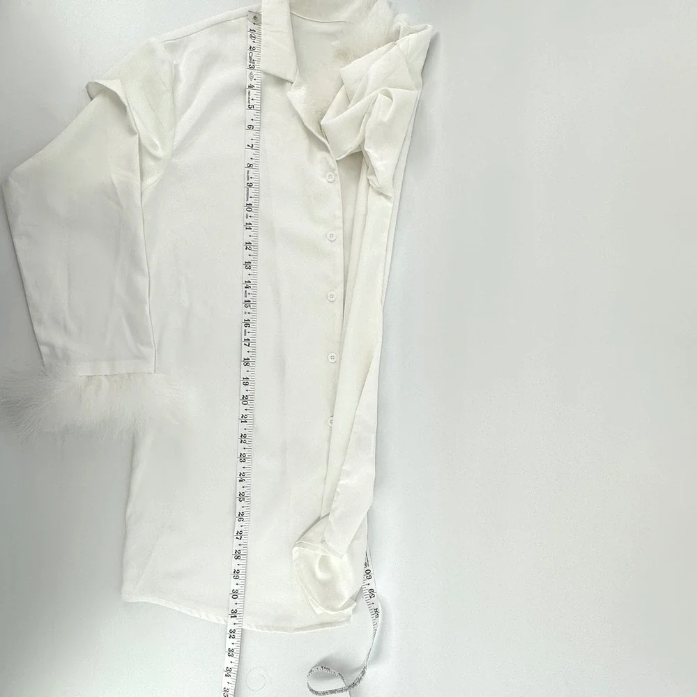 Womens White Faux‎ Feather Trim Pajama Sleep Shirt Button Down Sleepwear Top S
